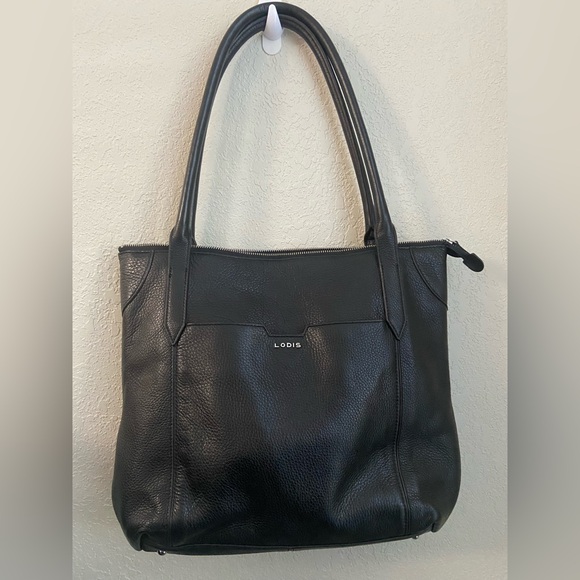 Beautiful Lodis Black Pebble Leather Medium Work Tote Bag w/ Long Round Handles
